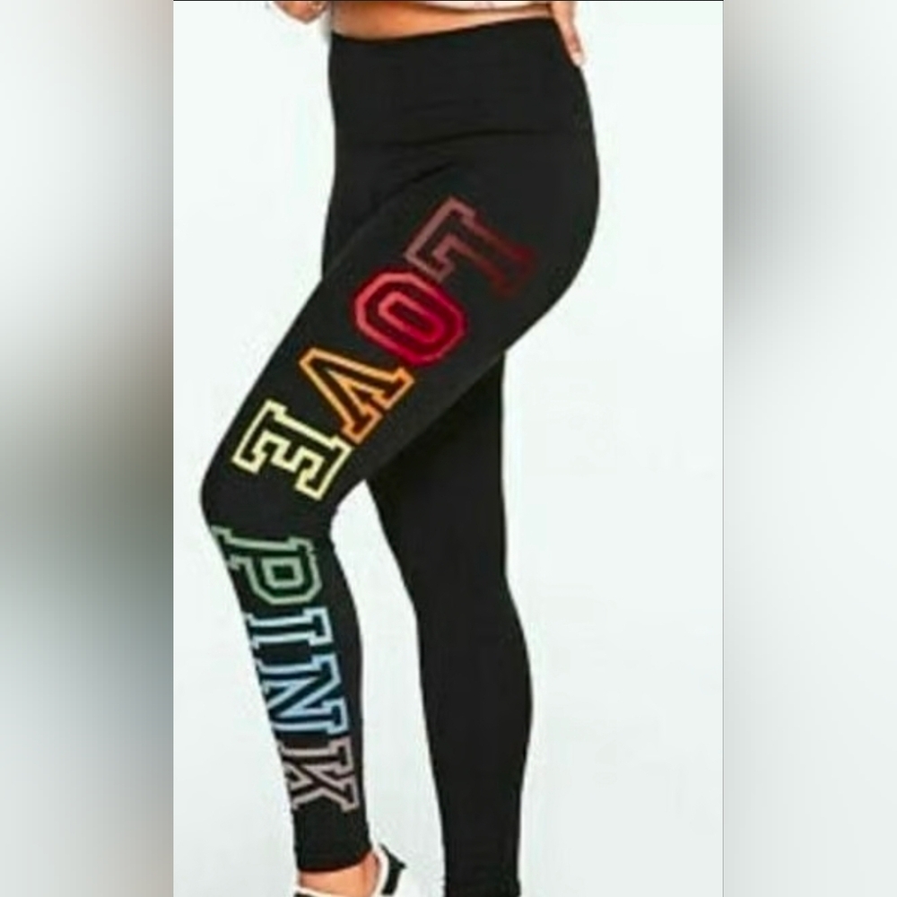 PINK Victoria's Secret Black Leggings with Colorful Lettering